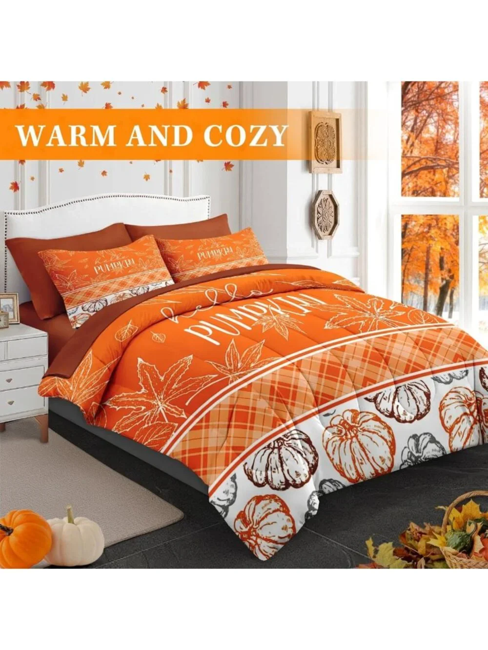 Cozy 7-Piece Queen Fall Comforter Set with Sheets - Orange Bedding for Autumn
